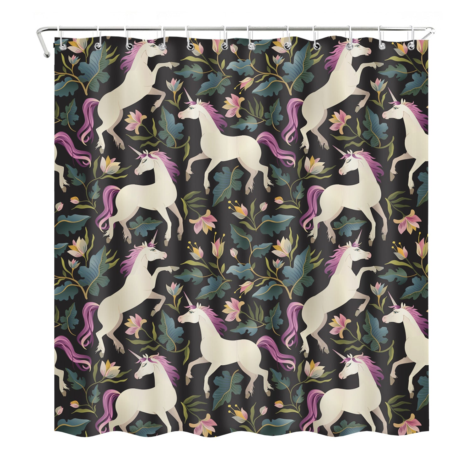 Floral unicorn kids shower curtain featuring a whimsical design with white unicorns, pink manes, and vibrant flowers on a dark background. This Shower Curtain is Perfect for adding charm and magic to a kids' bathroom. This waterproof shower curtain combines playful aesthetics with durable, high-quality fabric.