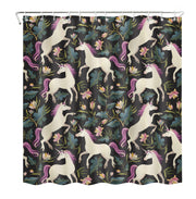 Floral unicorn kids shower curtain featuring a whimsical design with white unicorns, pink manes, and vibrant flowers on a dark background. This Shower Curtain is Perfect for adding charm and magic to a kids' bathroom. This waterproof shower curtain combines playful aesthetics with durable, high-quality fabric.