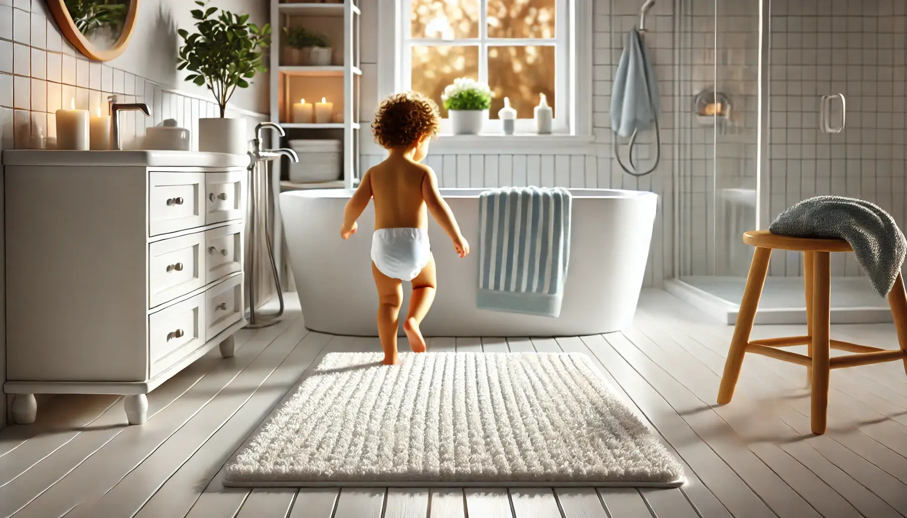 Khelo Kids Bath Mats, Shower Curtain, Organic Cotton Towels, Laundry Hamper with a boy running in bathroom on a kids bathroom rug towards a bath tub