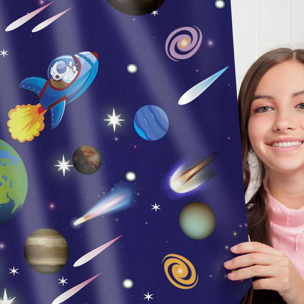 Space themed Kids Bathroom Shower Curtain for girls with Astronauts, Planets, Earth, Sun, Moon, Comets, Galaxy and stars