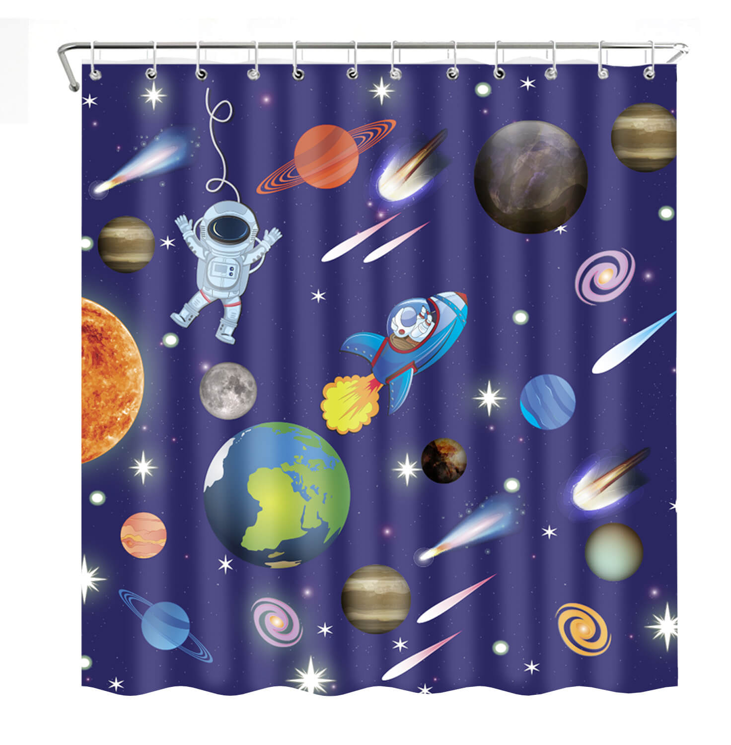 Space-themed kids' shower curtain featuring a vibrant outer space design with planets, rockets, comets, and astronauts floating in a deep blue galaxy. Made from waterproof, stain-resistant material for durability and easy cleaning. Includes rust-resistant grommets and 12 plastic hooks for hassle-free installation. A fun and educational addition to any child's bathroom. Khelo exclusive.