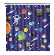 Space-themed kids' shower curtain featuring a vibrant outer space design with planets, rockets, comets, and astronauts floating in a deep blue galaxy. Made from waterproof, stain-resistant material for durability and easy cleaning. Includes rust-resistant grommets and 12 plastic hooks for hassle-free installation. A fun and educational addition to any child's bathroom. Khelo exclusive.