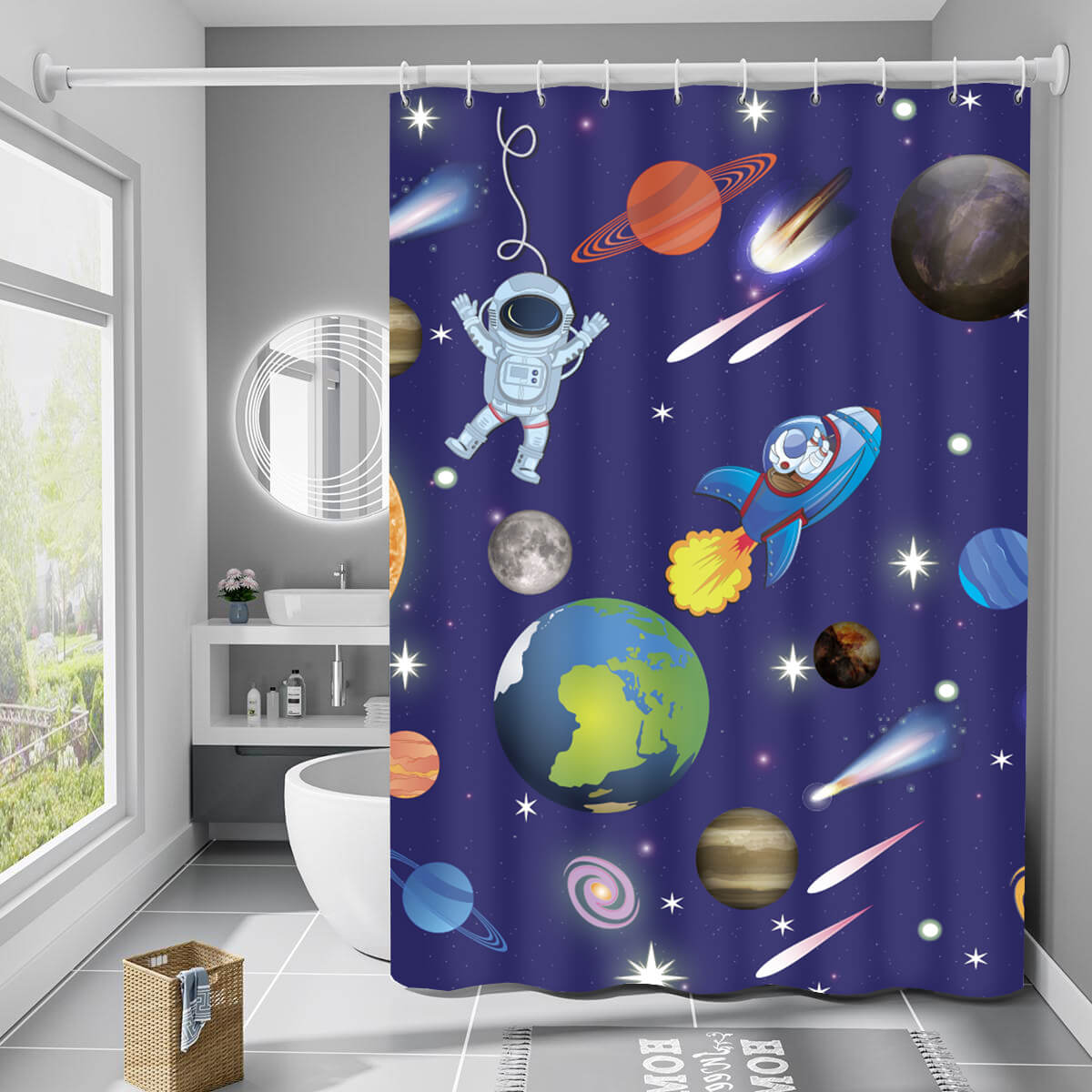 Space themed Kids Bathroom Shower Curtain with Astronauts, Planets, Earth, Sun, Moon, Comets, Galaxy and stars. Fits any lifestyle