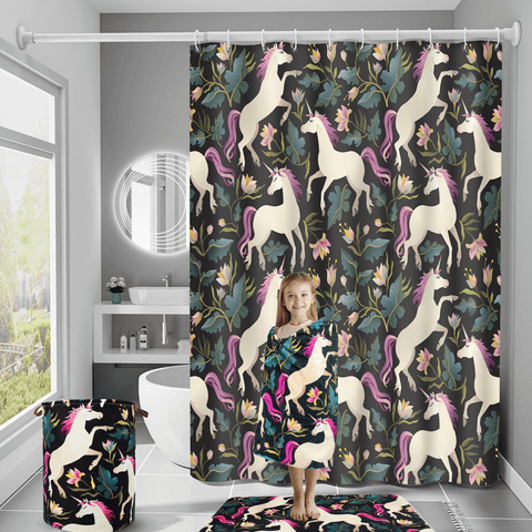 Floral Unicorns Bundle- Anti-slip 3 Piece Mat Set, Waterproof Shower Curtain, 100% Organic Cotton Towel, Dirt Resistant Laundry Bag
