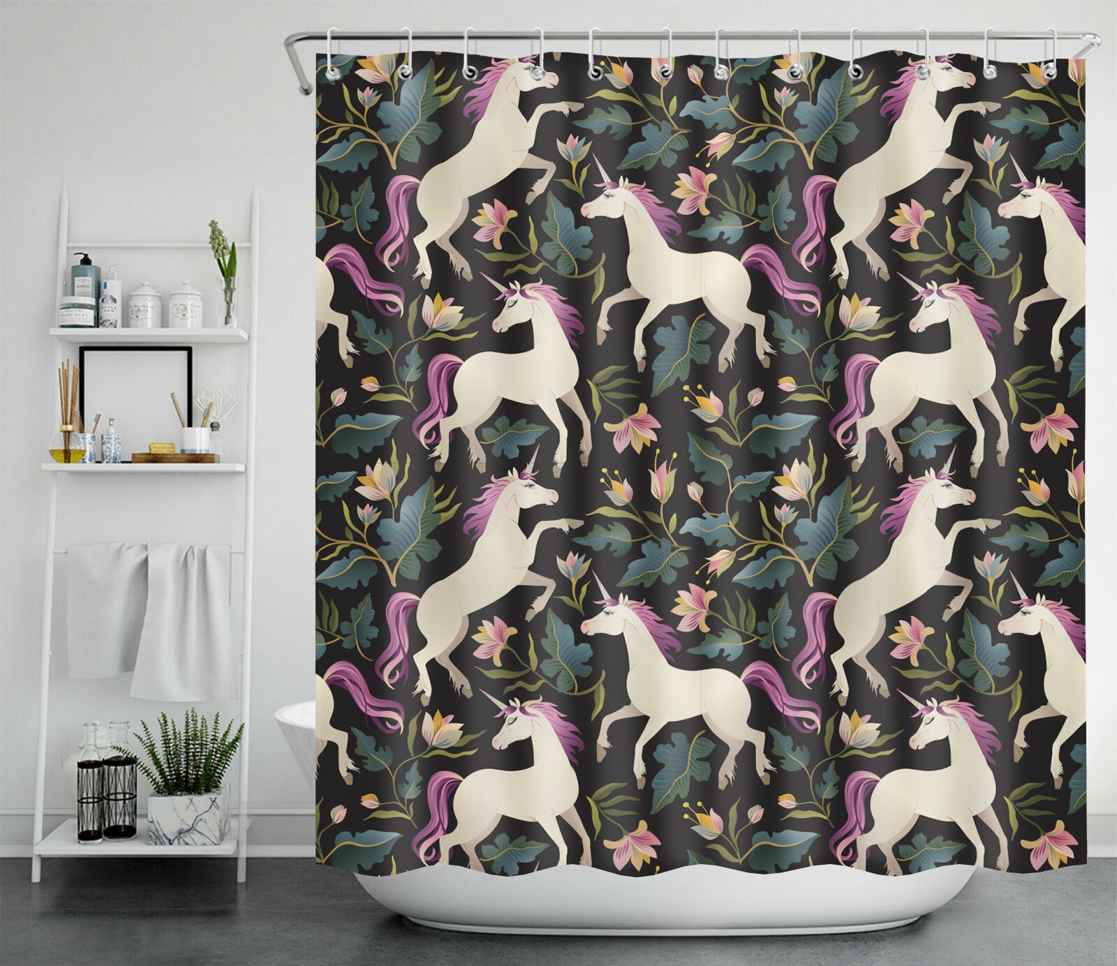 Lifestyle image of a floral unicorn kids shower curtain in a modern bathroom. This shower curtain features white unicorns with pink manes and vibrant flowers on a dark background. This waterproof 72x72 shower curtain adds a magical and functional touch to kids' bathroom decor.