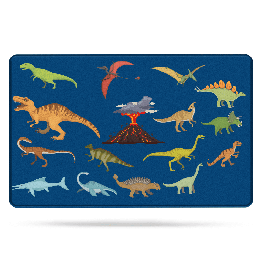 Khelo Dinosaur-Themed Large Bath Mat, a non-slip memory foam rug featuring a prehistoric dinosaur print with a volcanic eruption scene. Designed for kids' bathrooms, this ultra-soft and highly absorbent mat provides cushioned comfort while preventing slips with its anti-skid backing. Durable, water-resistant, and easy to clean, it enhances safety and fun in any dinosaur-loving child's space. Ideal for bath time, this vibrant and playful mat keeps floors dry and stylish.