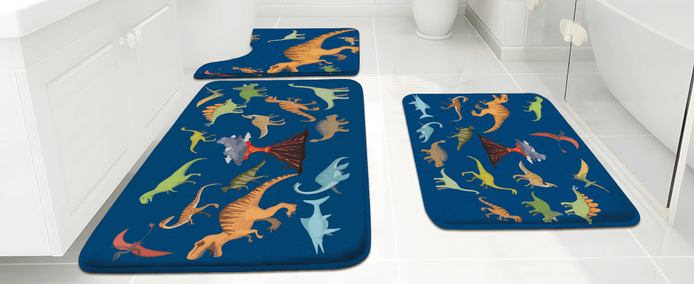 Khelo Dinosaur-Themed Kids Bath Mat Set, a 3-piece anti-slip memory foam rug set designed for safety, comfort, and fun in children’s bathrooms. Featuring a prehistoric dinosaur print with volcanoes, this ultra-soft and highly absorbent mat set includes a large bath rug, a contour toilet mat, and a small mat. Engineered with a non-slip backing, it keeps floors dry and secure while adding a playful touch to bathroom decor. Ideal for dinosaur-loving kids, this set enhances both function and style