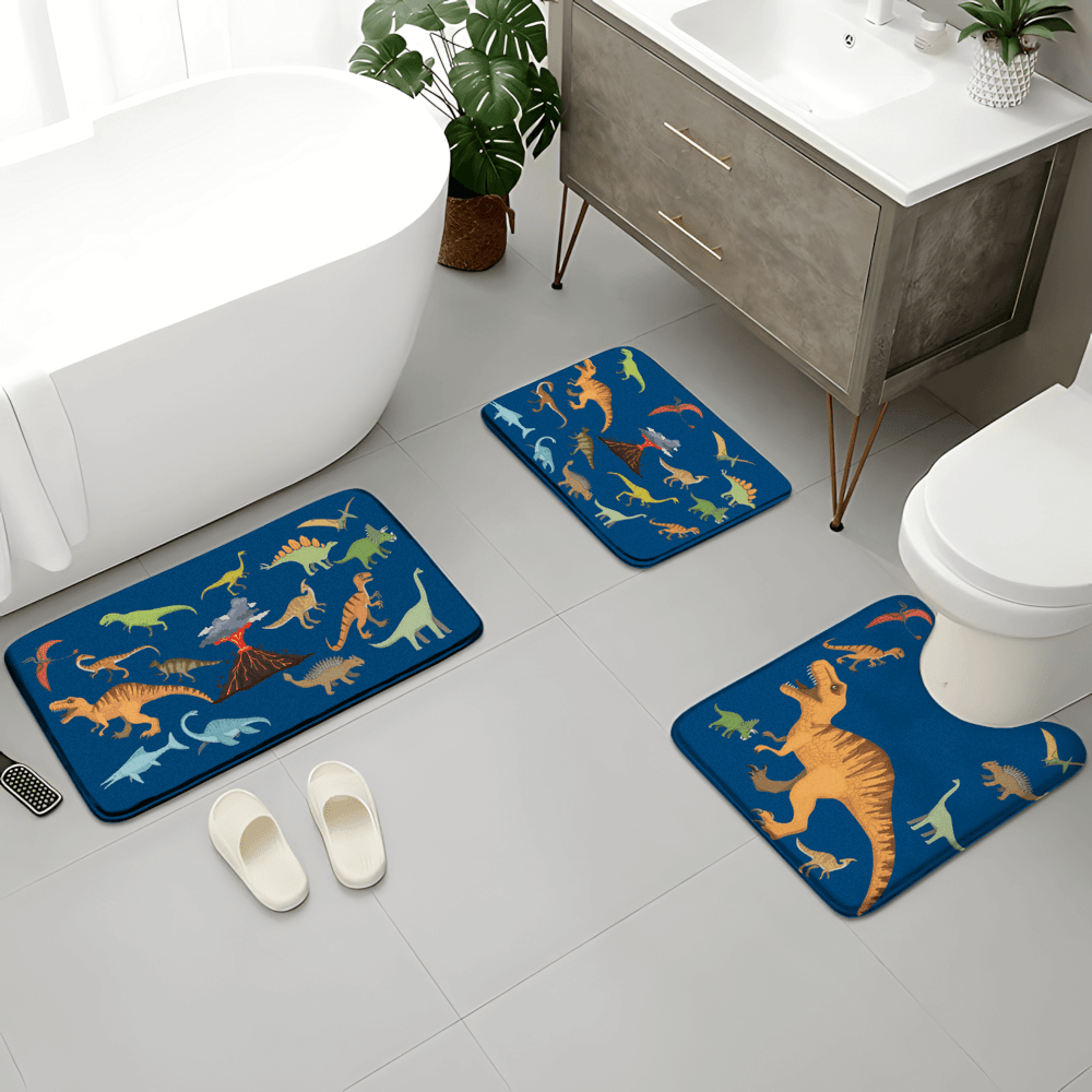 Khelo Dinosaur Kids Bath Mat Set displayed in a modern bathroom, featuring a fun prehistoric theme with colorful dinosaurs. This 3-piece bath rug set includes a large bath mat, a contour toilet rug, and a small mat, all designed with anti-slip backing for safety. The plush, ultra-soft fabric provides comfort, while the water-absorbent material keeps floors dry. Perfect for kids who love dinosaurs, this set enhances bathroom decor with a playful and educational theme while ensuring functionality and safety.