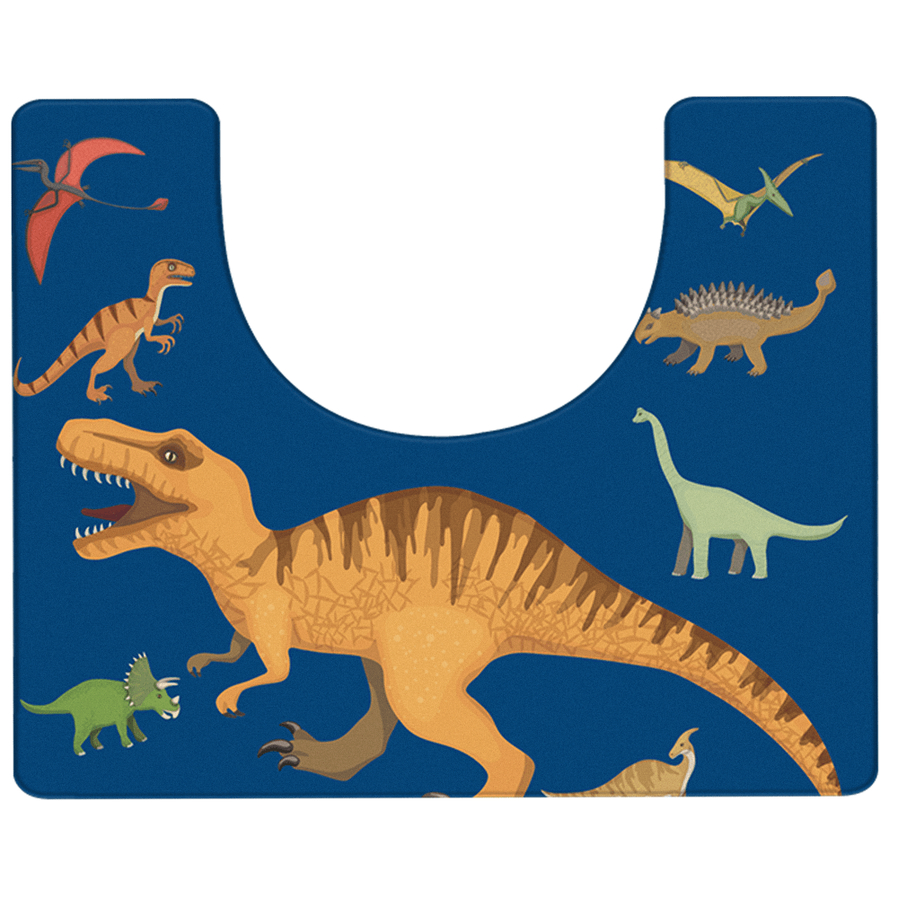 Khelo Dinosaur-Themed Contour Bath Mat, designed with a fun and adventurous prehistoric print featuring a roaring T-Rex, velociraptor, and other dinosaurs. This memory foam toilet rug provides superior cushioning for comfort while standing. The anti-slip backing ensures safety on wet bathroom floors, making it ideal for kids' bathrooms. Crafted with quick-drying, absorbent material, this U-shaped rug fits snugly around the toilet base, adding a playful touch to bathroom décor while preventing slips.