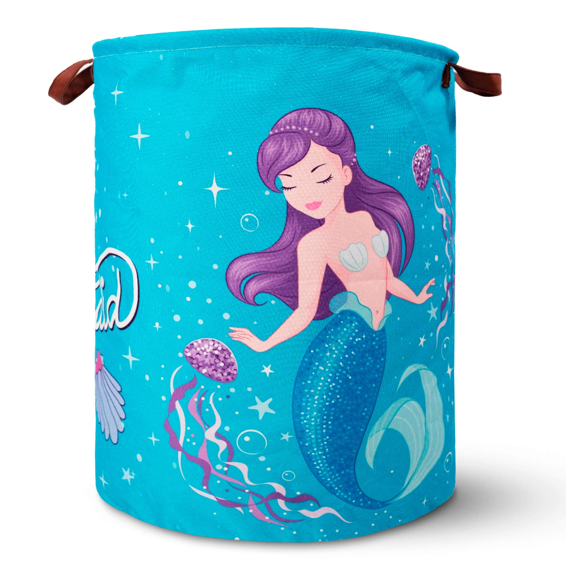 Kids' mermaid-themed laundry hamper featuring a vibrant underwater design with a shimmering mermaid, seashells, and jellyfish on a turquoise background. Made from durable, waterproof fabric with reinforced leather handles for easy carrying. Perfect for organizing laundry, toys, or storage in a child's bedroom or bathroom. Khelo exclusive.