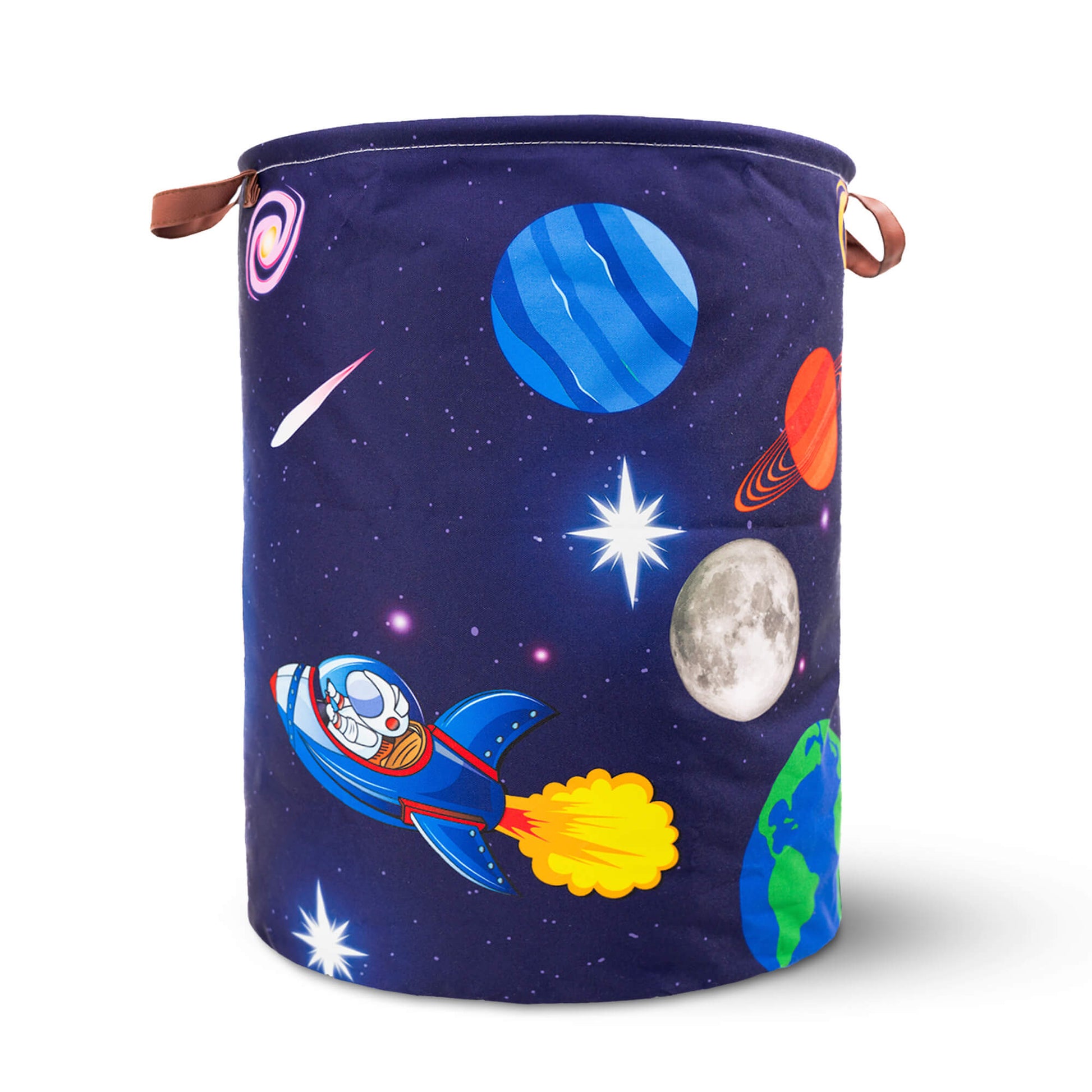 A kids' space-themed laundry basket featuring a colorful rocket, planets, and stars design. Made from durable, collapsible fabric with sturdy leather handles for easy portability. Perfect for organizing laundry, toys, and clothes in bedrooms, playrooms, and bathrooms. A fun and functional storage solution from Khelo.