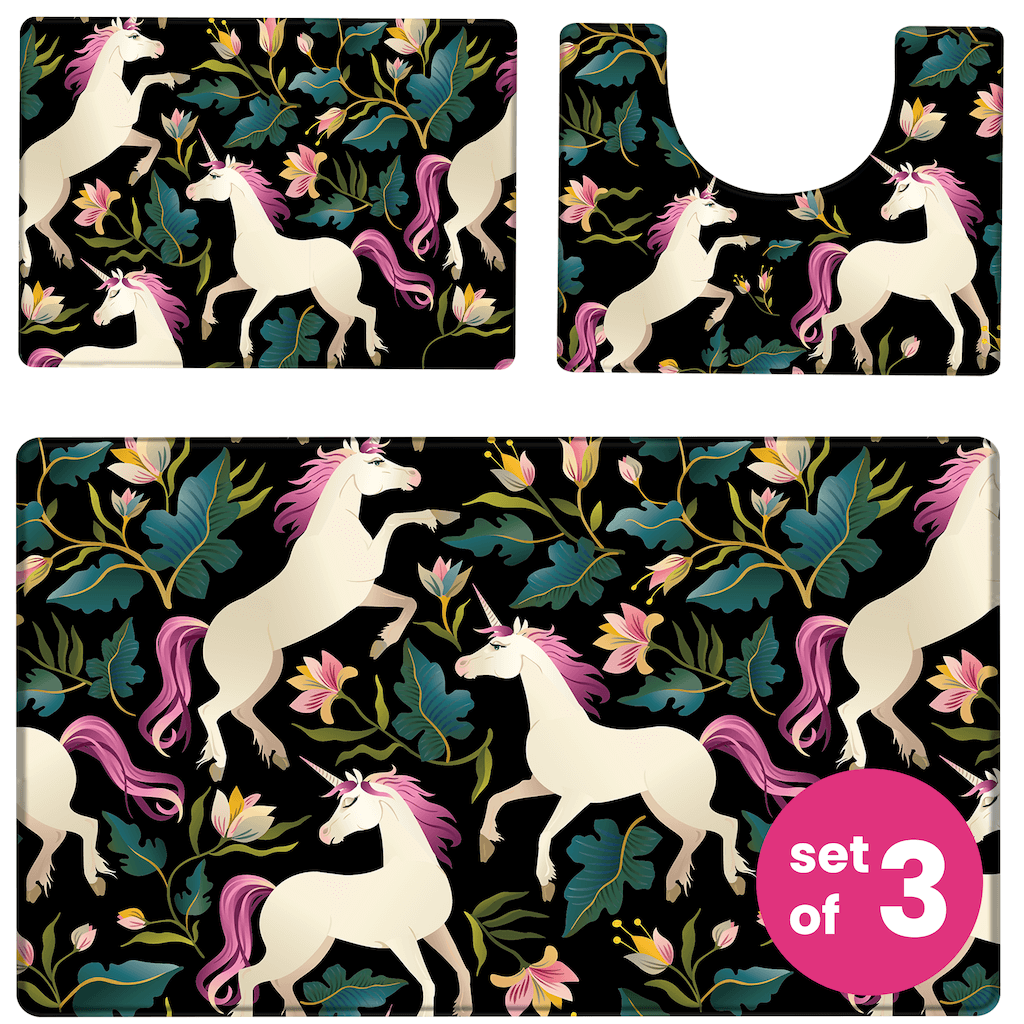 The Khelo Floral Unicorn Bath Mat Set of 3 brings a touch of elegance and magic to any kid’s bathroom. Featuring a stunning design of white unicorns with pink manes surrounded by floral patterns on a bold black background, this set includes a large bath mat, a contour rug, and a toilet lid cover. Crafted with a plush, water-absorbent surface and an anti-slip backing, these mats ensure safety, comfort, and durability. Perfect for creating a whimsical and stylish unicorn-themed bathroom.