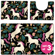 The Khelo Floral Unicorn Bath Mat Set of 3 brings a touch of elegance and magic to any kid’s bathroom. Featuring a stunning design of white unicorns with pink manes surrounded by floral patterns on a bold black background, this set includes a large bath mat, a contour rug, and a toilet lid cover. Crafted with a plush, water-absorbent surface and an anti-slip backing, these mats ensure safety, comfort, and durability. Perfect for creating a whimsical and stylish unicorn-themed bathroom.