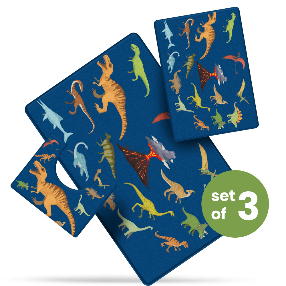 Khelo Jurassic Dinosaur Kids Bath Mat Set of 3 brings prehistoric adventure to your child’s bathroom. Featuring vibrant and realistic dinosaur illustrations on a deep blue background, this bath mat set sparks imagination while ensuring safety with its non-slip backing. Designed for comfort, the plush and water-absorbent material keeps little feet cozy and dry. The durable, easy-to-clean fabric ensures long-lasting use, making it an ideal choice for parents and grandparents looking to create themed bathroom