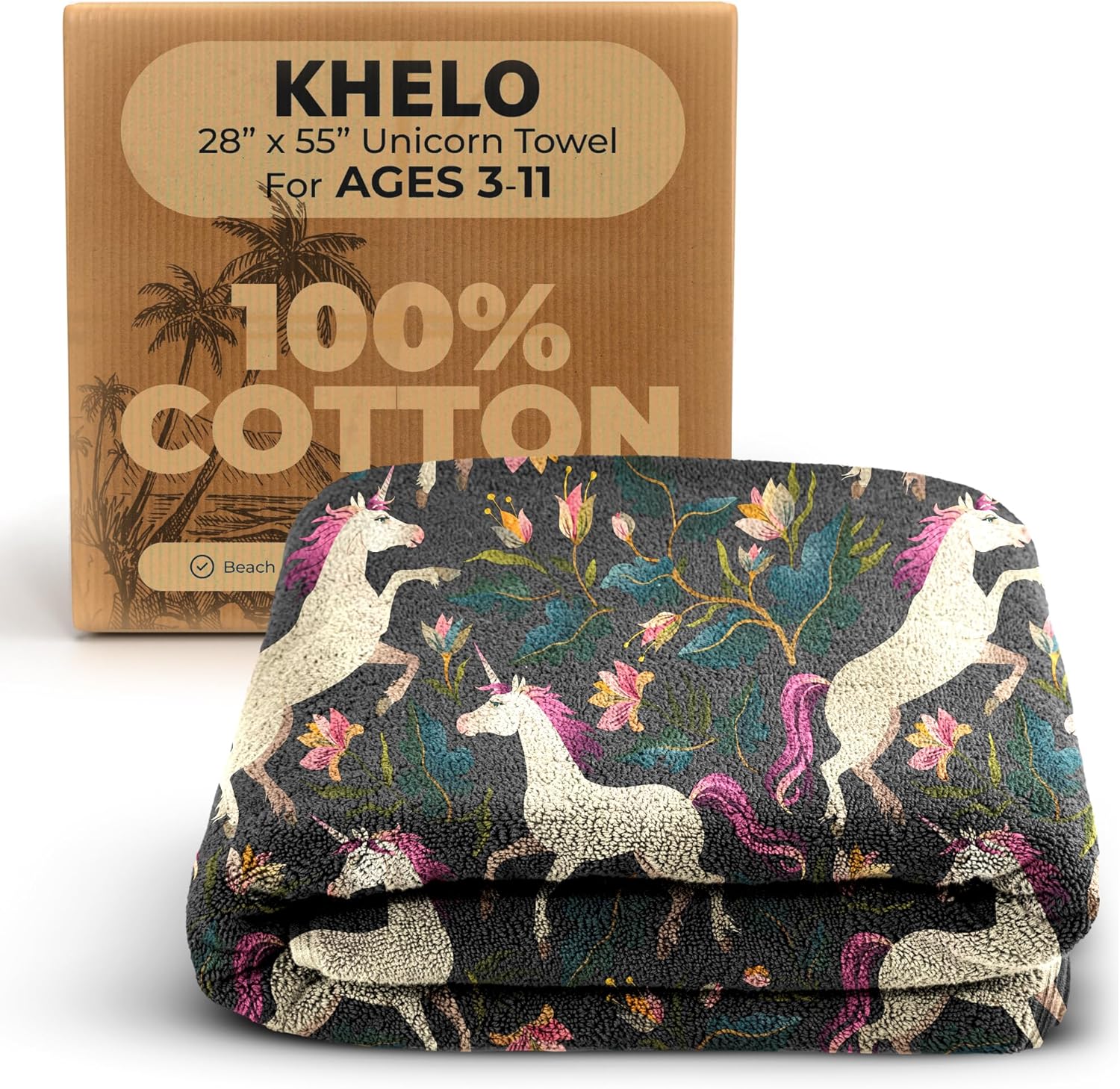 100% Organic Cotton Kids Bath Towel featuring a beautiful Floral Unicorn theme. Ultra-soft, lightweight, and highly absorbent. Perfect for bath, beach, and pool use. Machine washable and durable for everyday comfort. Available at Khelo.co.