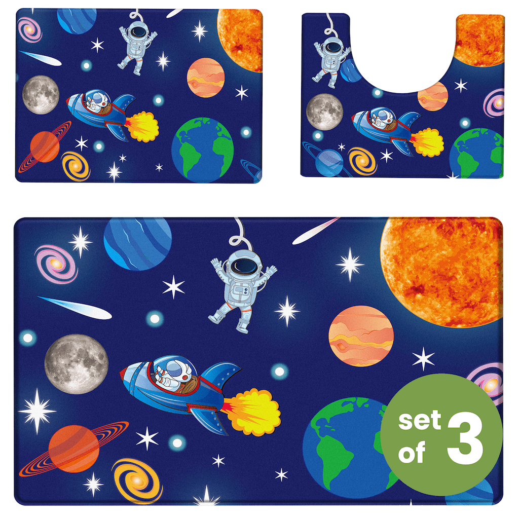 Khelo Kids Space Bathroom Rug Set – 3-piece anti-slip bath mats designed for kids' bathrooms. Featuring vibrant astronauts, rockets, planets, and stars, this space-themed bath rug set enhances safety and adds a fun, educational touch. Made from soft, absorbent material with a non-slip backing, these mats ensure comfort and protection for little explorers. Ideal for space-themed bathrooms, the set includes a large bath mat, a contour mat, and a toilet lid cover.