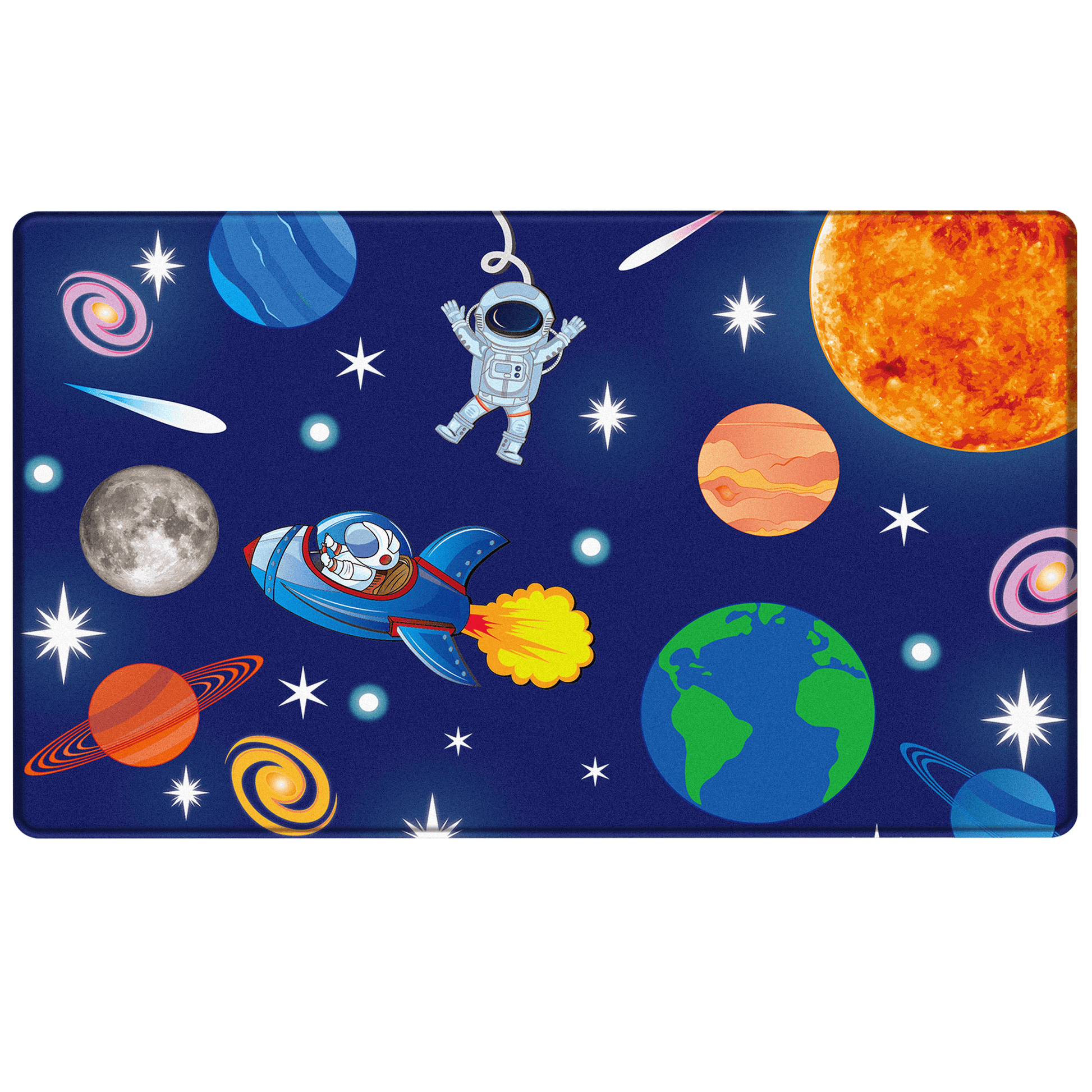 Khelo Large Space-Themed Kids Bath Mat featuring a colorful outer space design with astronauts, planets, rockets, and stars. This oversized anti-slip bath mat offers enhanced coverage for safety and comfort in the bathroom. Crafted from high-quality, water-resistant materials, it provides a soft, cushioned surface that prevents slips while adding an exciting and educational touch to any space-themed bathroom. Ideal for children who love space exploration and parents seeking a stylish, functional and durable