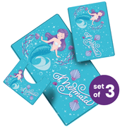 Khelo Mermaid-Themed Bath Mat Set of 3 for Kids, featuring a whimsical underwater design with a beautiful mermaid, seashells, and ocean waves. This anti-slip bathroom rug set includes a large bath mat, a contour U-shaped mat for the toilet, and a small accent rug, ensuring full bathroom coverage. Made from ultra-soft, cushioned material with a non-slip backing, this set provides safety, comfort, and durability. Perfect for mermaid lovers, this waterproof and easy-to-clean bath rug set enhances any theme