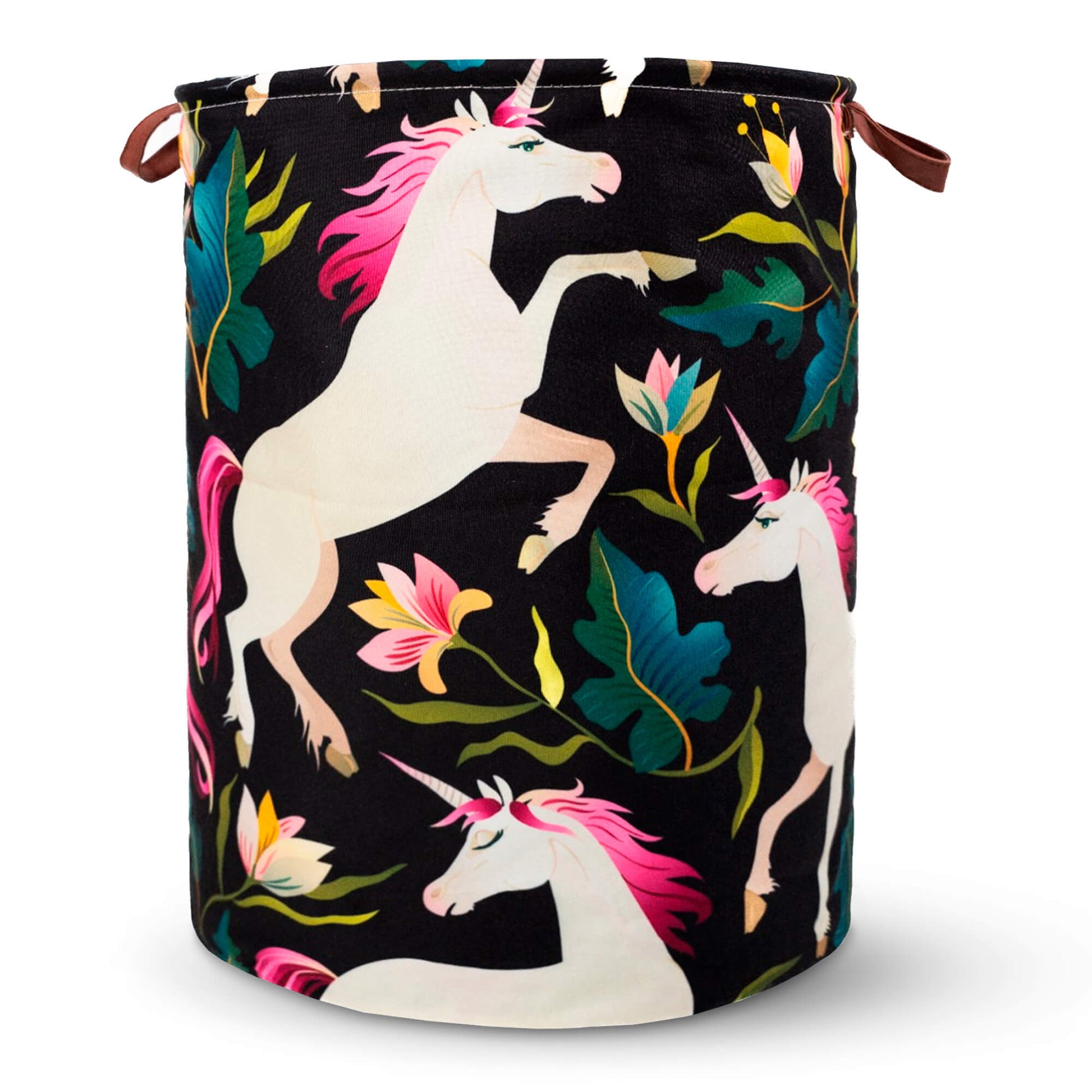 Close-up of Khelo premium collapsible kids laundry hamper featuring a vibrant floral unicorn design, crafted with durable materials and sturdy handles for easy carrying.