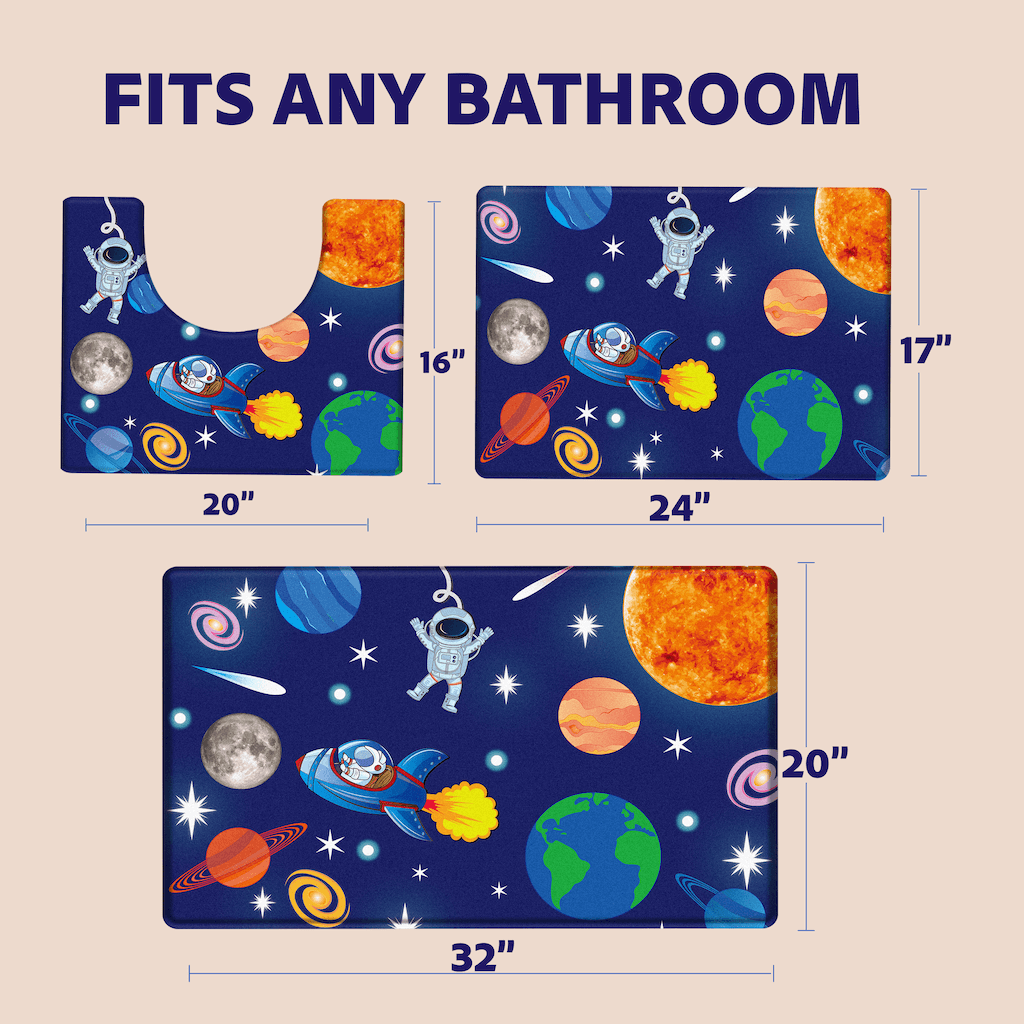 Khelo Space-Themed Kids Bath Mat Set with Dimensions – A 3-piece bath rug set designed for kids' bathrooms, featuring vibrant outer space designs with astronauts, planets, and rockets. Includes a 32" x 20" large bath mat, a 24" x 17" sink mat, and a 20" x 16" U-shaped contour mat for toilets. Made with soft, absorbent material and a non-slip backing for safety and comfort. Perfect for space-loving kids, this bath rug set adds fun and functionality to any bathroom decor.