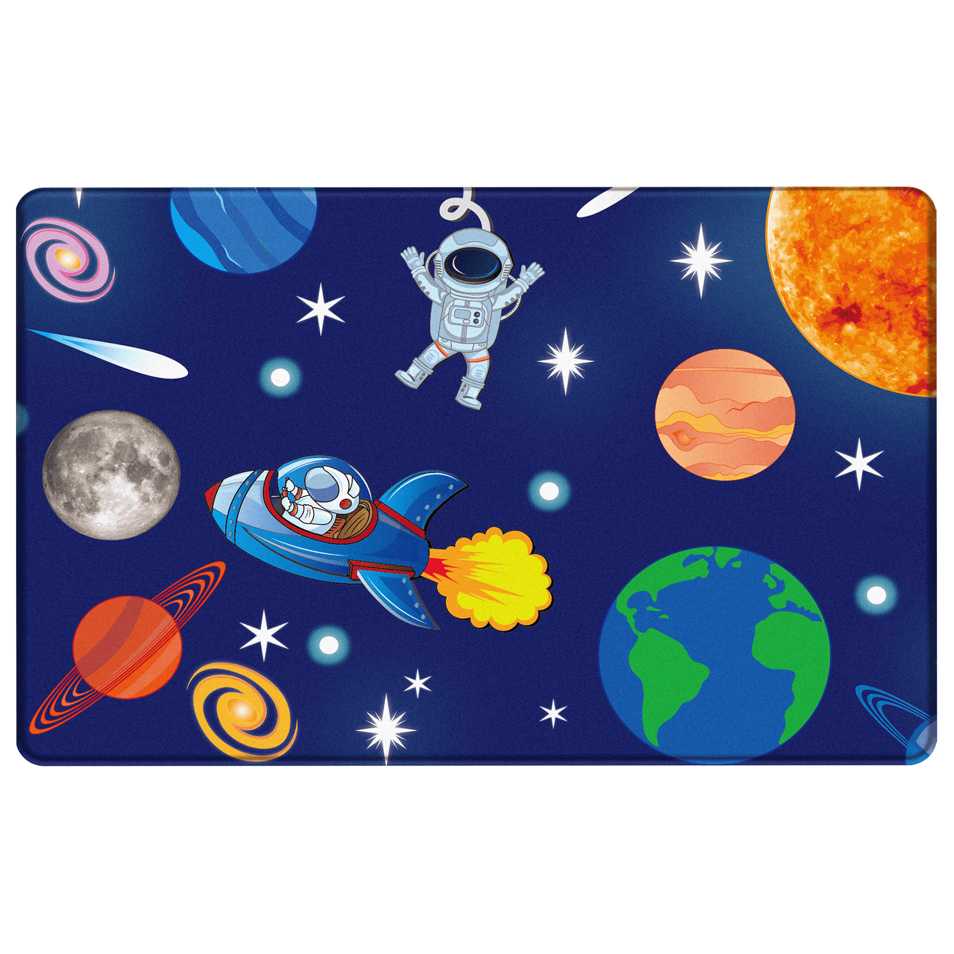 Khelo Space-Themed Kids Bath Mat featuring a vibrant outer space design with astronauts, planets, rockets, and stars. This anti-slip bath mat provides a soft and cushioned surface for ultimate comfort and safety in the bathroom. Made with durable, water-resistant materials, it ensures a secure grip on wet floors while adding a fun and educational element to kids' bath time. Perfect for space-loving children and parents looking for a high-quality, visually appealing bathroom rug.