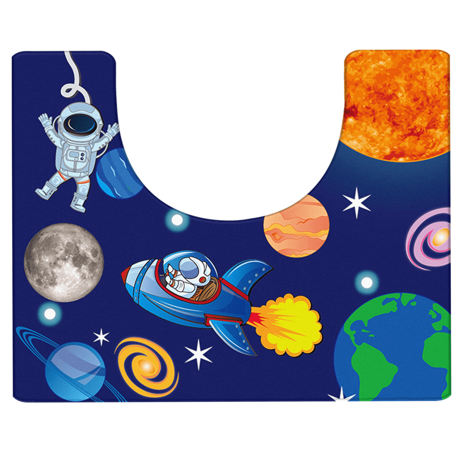 Khelo Space-Themed U-Shaped Bath Mat for Kids, featuring a fun and vibrant outer space design with astronauts, rockets, planets, and stars. Designed to fit perfectly around the base of the toilet, this anti-slip bathroom rug provides both safety and comfort with its cushioned, water-resistant surface. Made from high-quality, durable materials, it prevents slips while adding an adventurous space theme to any child’s bathroom. Perfect for space-loving kids and parents looking for a functional yet playful bath