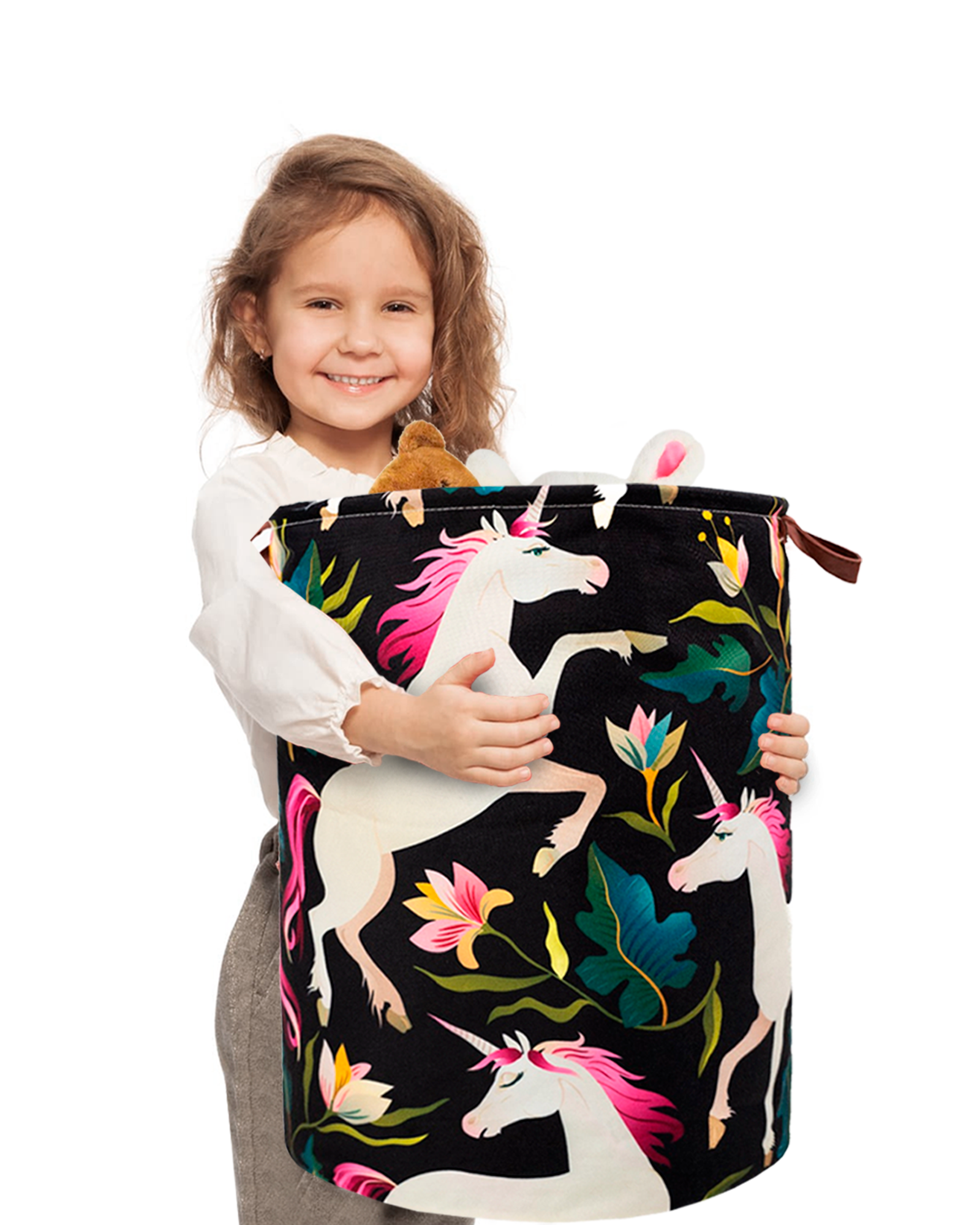 Smiling child holding a premium Khelo unicorn-themed collapsible kids laundry hamper with vibrant floral design, featuring sturdy handles and large storage capacity.