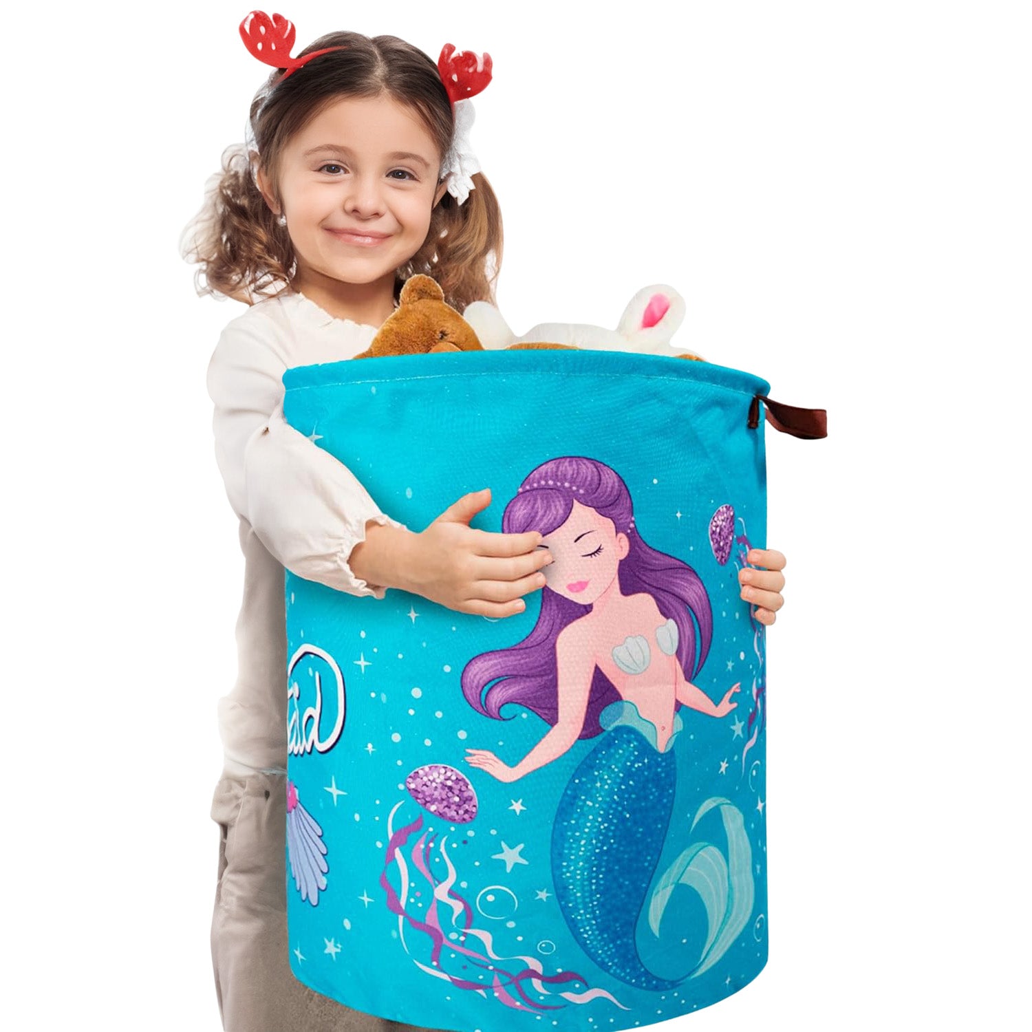 Khelo waterproof and collapsible kids laundry hamper featuring a whimsical little mermaid theme, perfect for organizing clothes and toys in style.