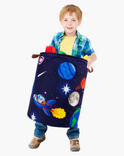 A space-themed laundry hamper for kids featuring a fun rocket, planets, and stars design. Made of durable, collapsible fabric with leather handles for easy transport. Ideal for organizing laundry, toys, and clothes in bedrooms, playrooms, and bathrooms. A stylish and functional storage solution from Khelo.