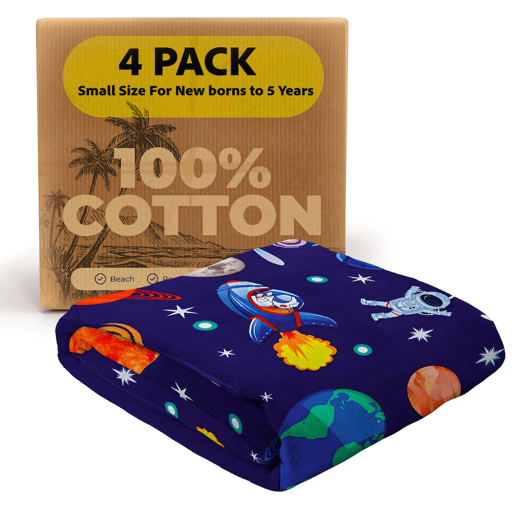 A 4-pack space-themed 100% cotton kids' bath and beach towel set designed for newborns to 5-year-olds. Featuring an astronaut, planets, and a rocket ship, this ultra-soft, absorbent, and breathable towel is perfect for bath time, beach outings, or everyday use. Comes in a premium eco-friendly packaging, making it a great gift for kids. A high-quality bath and beach towel product by Khelo.