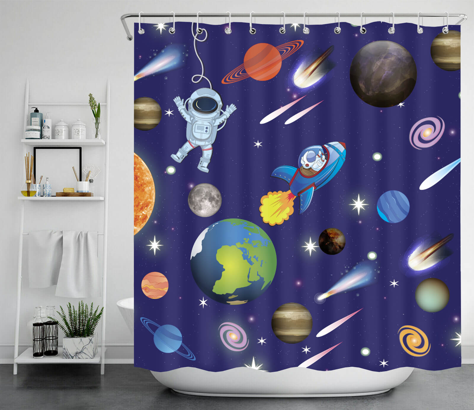 Kids' space-themed shower curtain featuring an astronaut, planets, rockets, and comets against a deep blue galaxy background. Made from waterproof, stain-resistant material with rust-proof grommets for durability. Includes 12 plastic hooks for easy installation. Perfect for adding a fun, educational touch to a child's bathroom. Khelo exclusive.