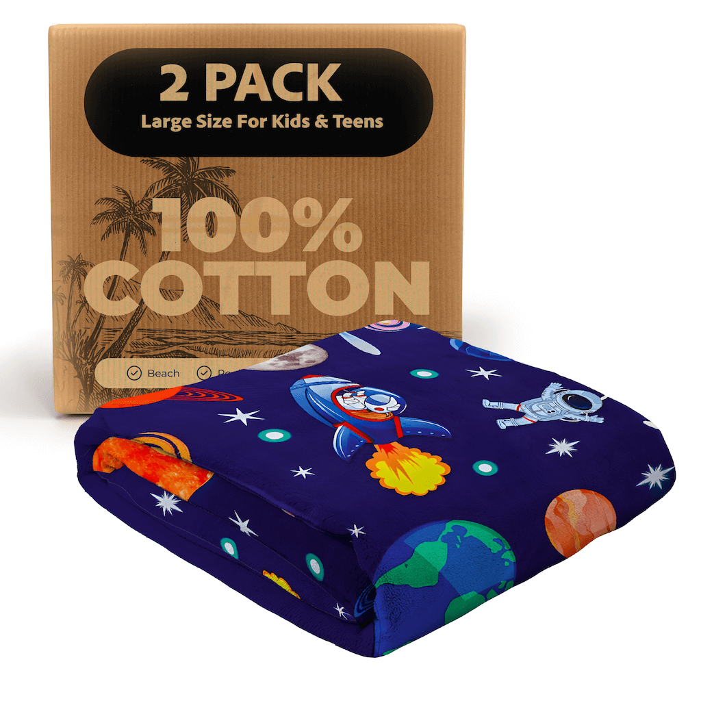 Large-size space-themed kids' towel set, made from 100% organic cotton, available in a 2-pack for kids and teens. Features a vibrant astronaut and rocket design, ultra-soft and highly absorbent fabric, perfect for beach, bath, or pool use. Durable 4K print withstands 500 washes. A premium quality towel set by Khelo.