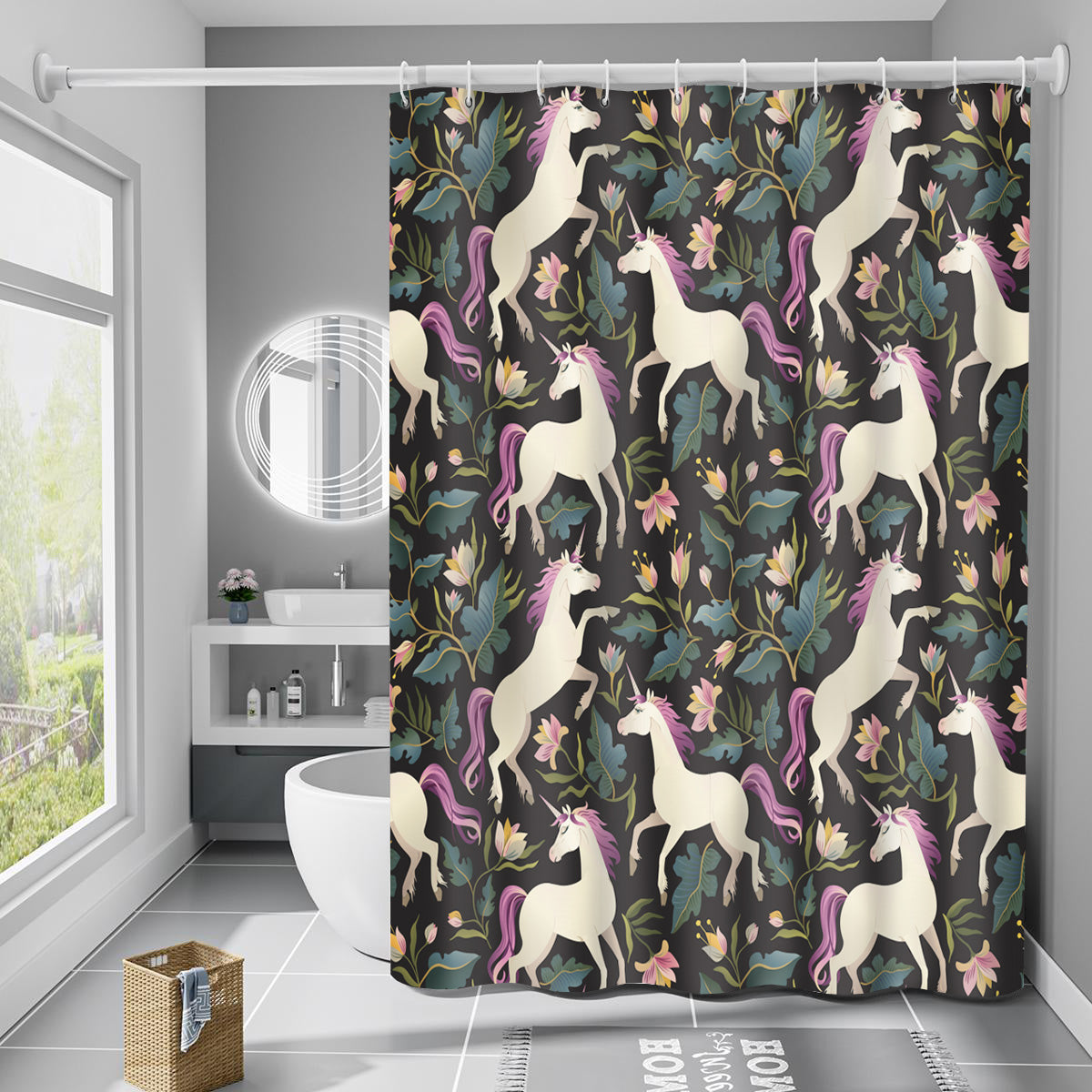 Lifestyle image of a floral unicorn kids shower curtain displayed in a modern bathroom setting. This shower curtain features white unicorns with pink manes and vibrant flowers on a dark background. This waterproof shower curtain adds a magical touch to kids' bathroom decor while providing functionality and charm.