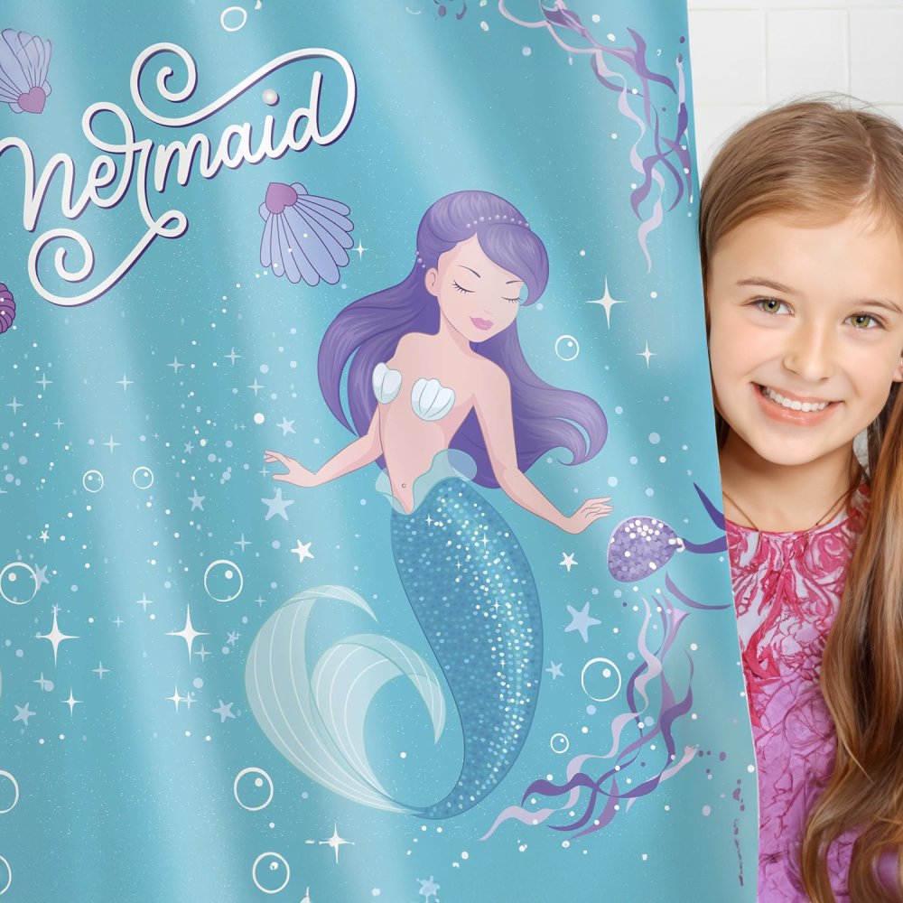 Lifestyle image of a magical mermaids kids shower curtain with vibrant mermaid illustrations, seashells, and ocean-themed details. Perfect waterproof curtain for kids' bathrooms, combining fun and functionality with a whimsical underwater design.