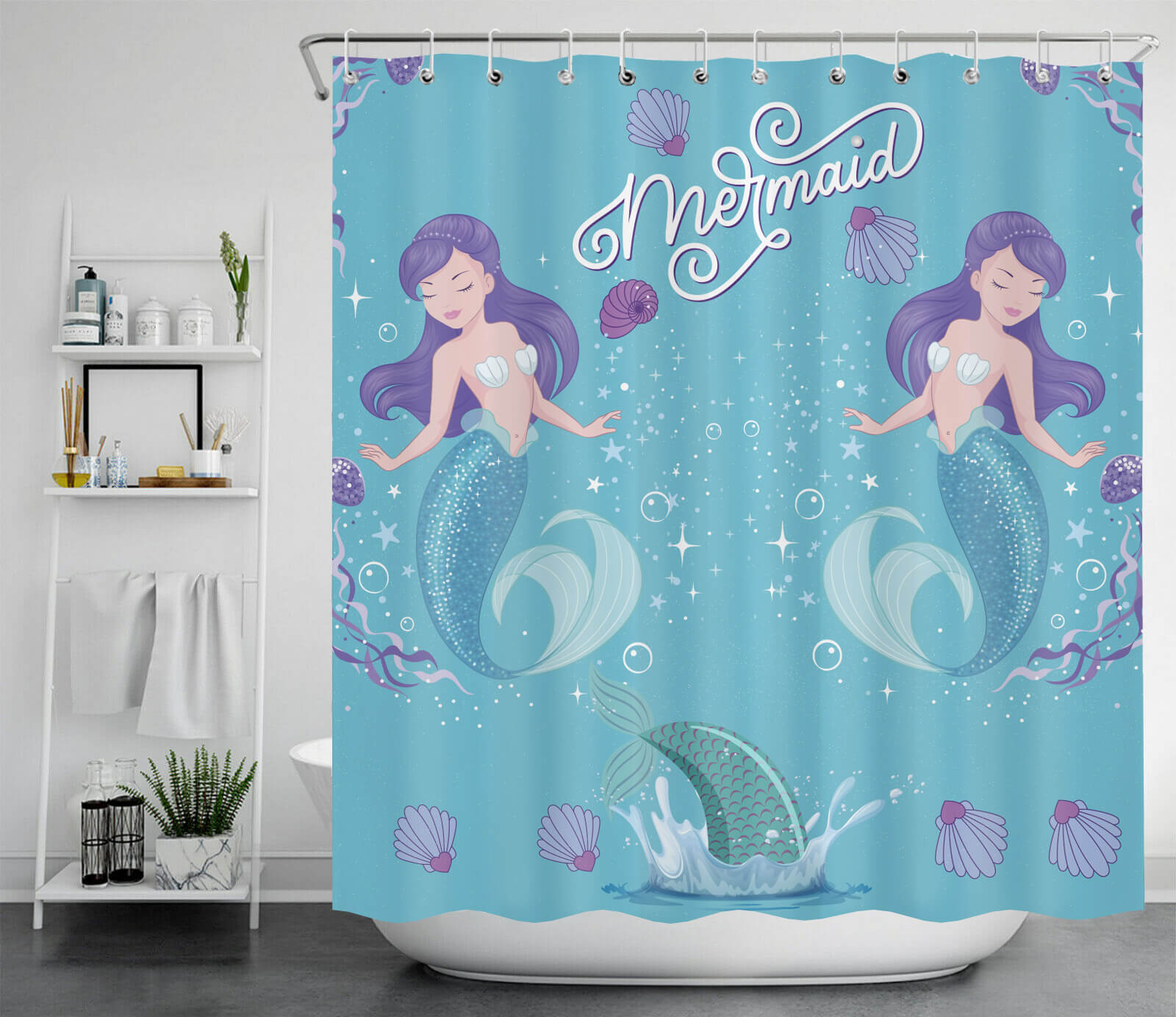 Lifestyle image of the Magical Mermaids kids shower curtain in a modern bathroom, featuring vibrant mermaid designs, seashells, and ocean-inspired details. Perfect waterproof curtain for kids' bathroom decor.