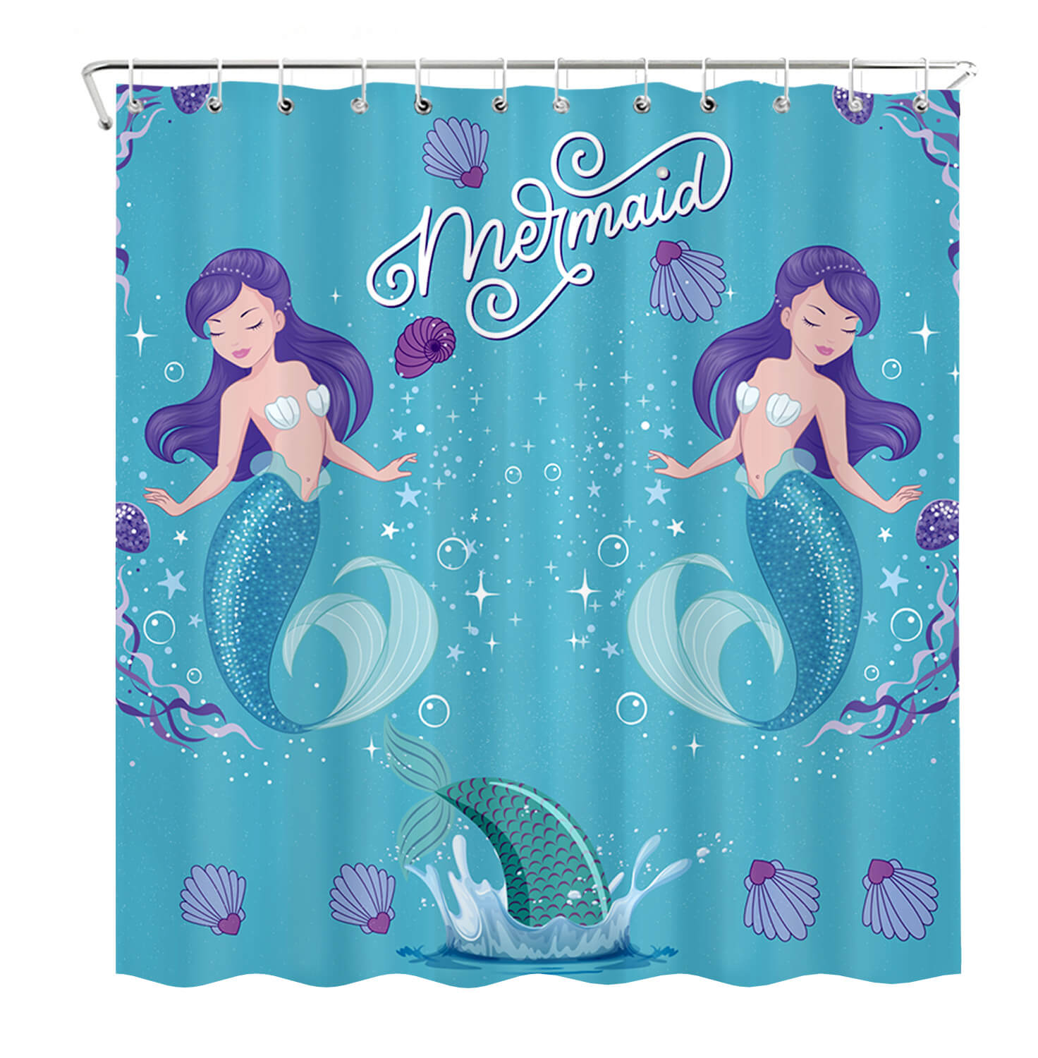 Magical mermaids kids shower curtain featuring vibrant mermaid illustrations, seashells, and an ocean-inspired design. This waterproof shower curtain adds charm and functionality to kids' bathrooms, creating a whimsical underwater theme.