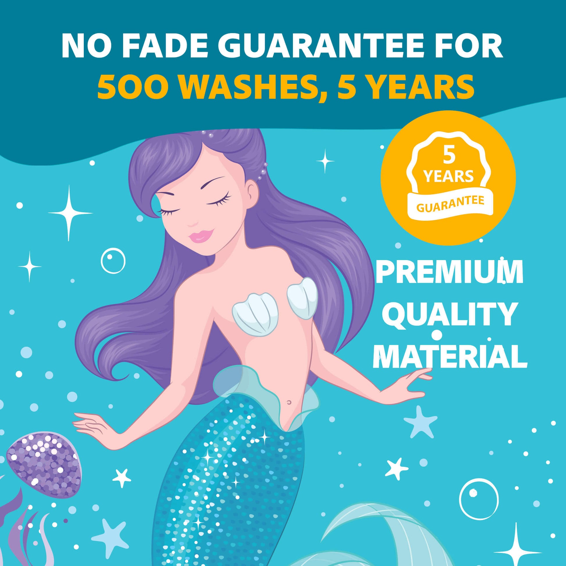 Premium quality mermaid shower curtain designed for durability with a no-fade guarantee lasting 500 washes and 5 years. Features a vibrant underwater design with a beautiful mermaid, seashells, and sparkling details. Made from high-quality, long-lasting material, ensuring a stylish and functional addition to any kid’s bathroom. A khelo exclusive.