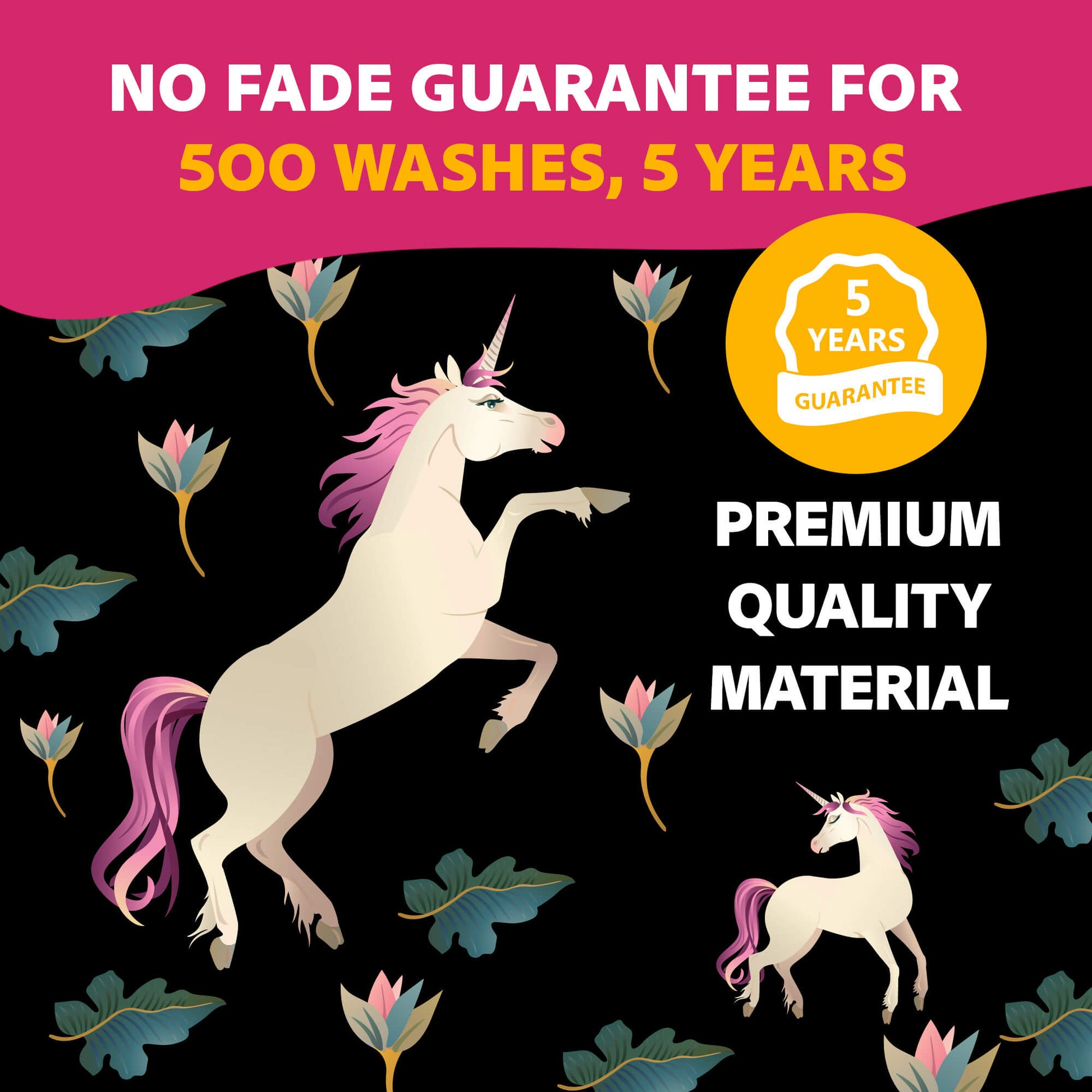 Unicorn shower curtain with a no-fade guarantee for 500 washes over 5 years. Made from premium waterproof, stain-resistant material with vibrant HD print. Durable, long-lasting, and perfect for kids' bathrooms. Includes rust-proof grommets and 12 plastic hooks for easy installation.