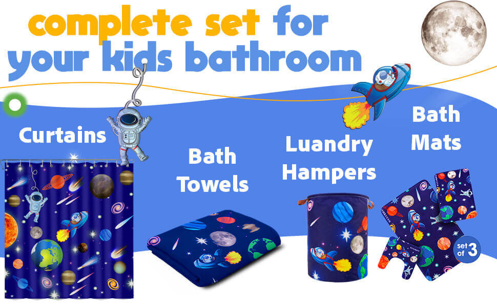 Khelo Complete Space-Themed Bath Set includes matching bath mats, towels, shower curtains, and laundry bags, all made from high-quality, durable organic cotton. Designed with vibrant space-inspired patterns featuring astronauts, planets, and rockets, this collection adds a fun and playful touch to any child’s bathroom while ensuring ultra-soft and absorbent functionality.