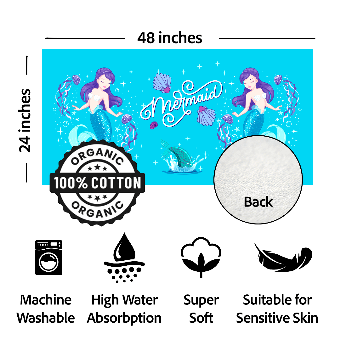 Khelo Mermaid Towel Features include 100% organic cotton material for exceptional softness, double stitching for long-lasting durability, and ultra-absorbent fibers that quickly wick away moisture. This lightweight and breathable towel is designed for everyday use, providing a gentle touch against sensitive skin while drying efficiently. Perfect for kids who love mermaids and ocean themes, it is machine washable and easy to maintain.