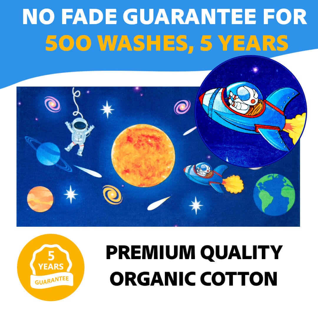 Khelo Space Towel offers a 500-wash, 5-year guarantee, proving its premium quality and durability. Made from ultra-soft organic cotton, this kids’ bath towel absorbs water quickly while staying lightweight and easy to carry. Its cosmic design featuring astronauts, rockets, and planets makes it a fun and practical addition to any space-loving child’s bath or travel essentials.