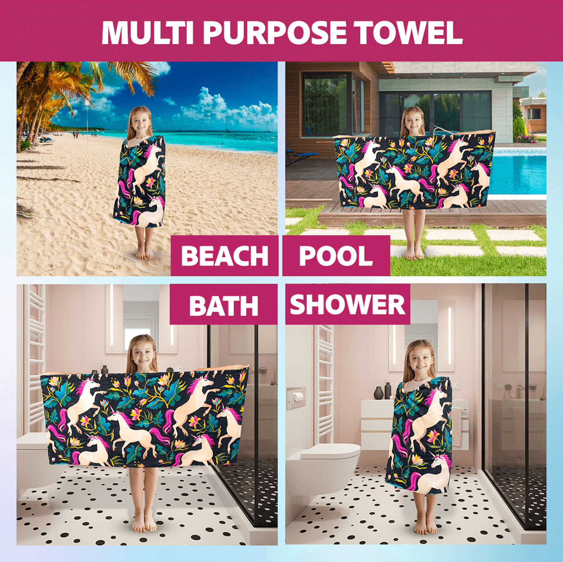 Premium Organic Cotton Kids Towel featuring a charming unicorn surrounded by floral elements. Super soft, fast-drying, highly absorbent, and lightweight. Perfect for toddlers and kids. Machine washable and long-lasting. Available at Khelo.co.