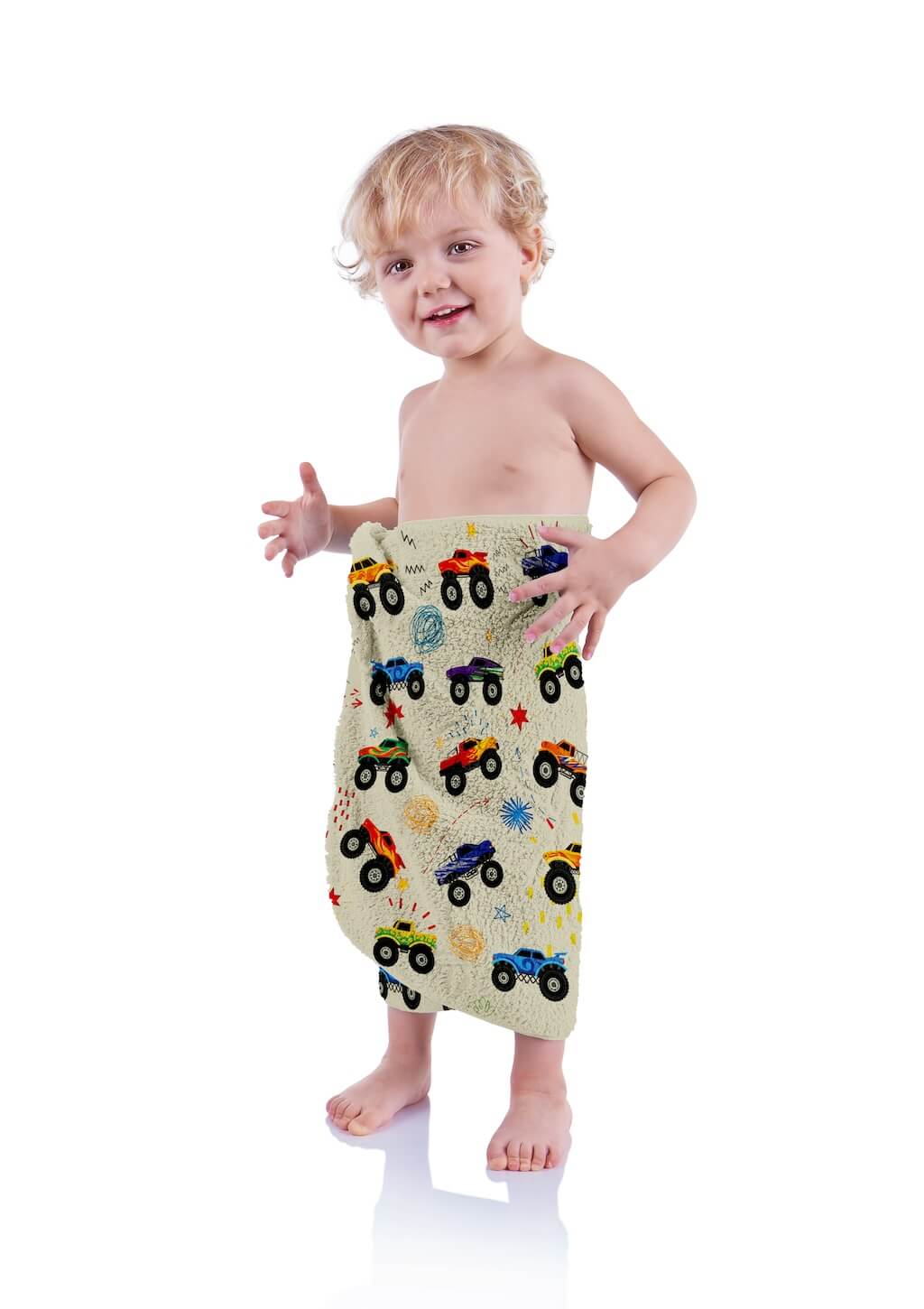 100% Organic Cotton Kids Bath Towel featuring a vibrant Monster Trucks design. Ultra-soft, highly absorbent, lightweight, and machine washable. Perfect for boys and girls who love trucks. Ideal for bath, beach, and pool use. Available at Khelo.co.